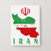 イランの国旗と国章付き地図 缶バッジ (正面)