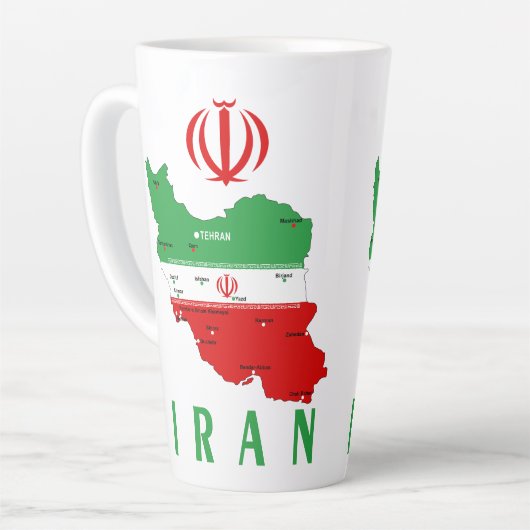 イランの地図と国旗と国章 カフェラテマグ (左アングル)