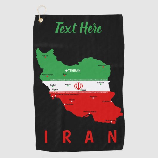 イランの地図と国旗と国章 ゴルフタオル (正面)