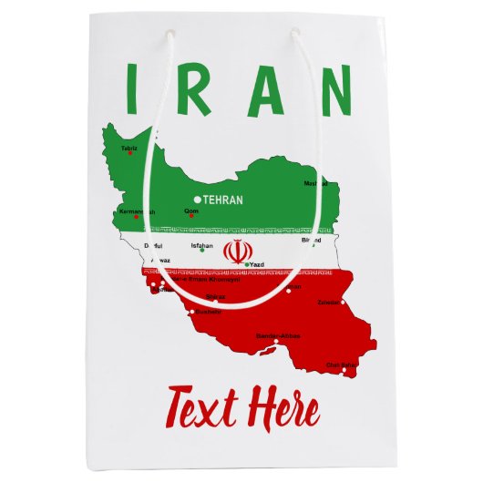 イランの地図と国旗と国章 ミディアムペーパーバッグ (正面)