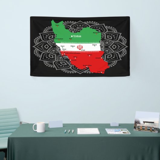 イランの地図と国旗と国章 横断幕 (トレードショー)