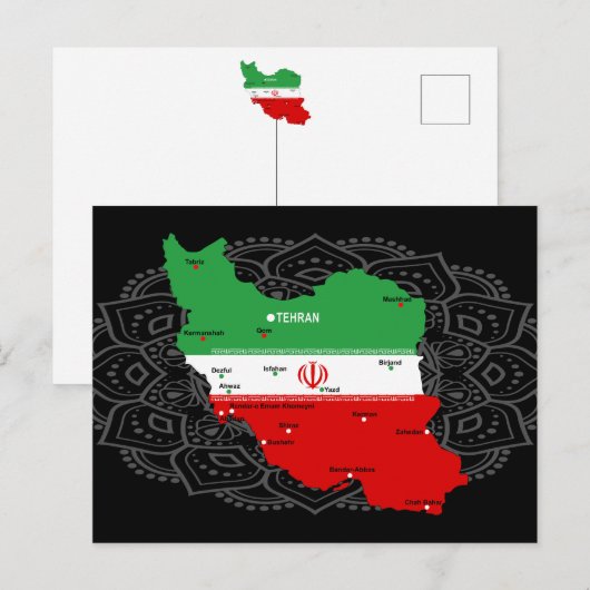 イランの地図と国旗、国章 ポストカード (正面/裏面)
