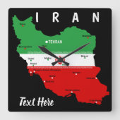 イランの地図（国旗と紋章付き） スクエア壁時計 (正面)