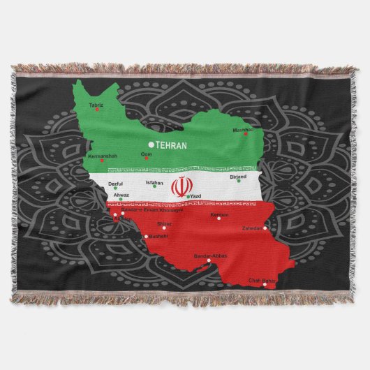 イランの地図（国旗と紋章付き） スローブランケット (正面)