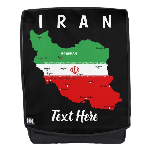 イランの地図(国旗と紋章付き) バックパック (正面)