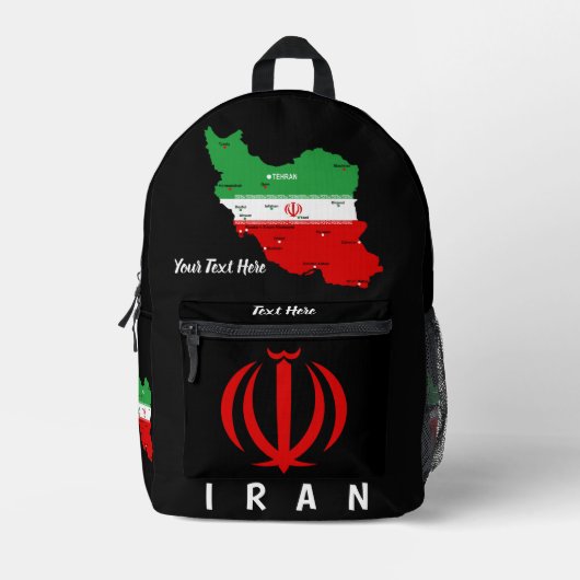 イランの地図(国旗と紋章付き) プリントバックパック (正面)