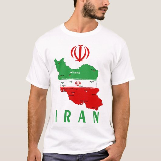 イランの地図（国旗と紋章付き） Tシャツ (正面)