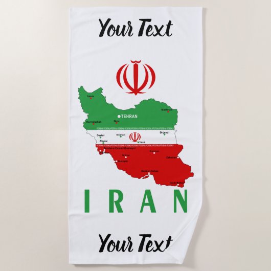 イランの旗とエンブレム付き地図 ビーチタオル (正面)