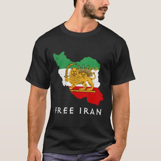 イラン国旗の地図ライオン・サンソード無料イラン支援 Tシャツ (正面)
