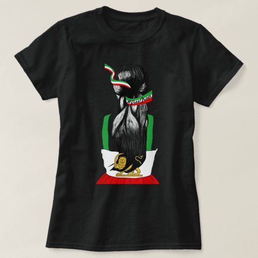 イラン国旗イランLIOの女性の髪のサポート Tシャツ (デザイン正面)