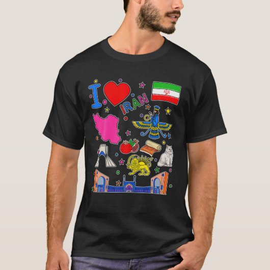 イラン手描きランドマーク、イランの地図、文化Ic Tシャツ (正面)