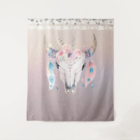 イリデセントパールボホチックスカルグリッター フローラルホーンズ タペストリー (正面)