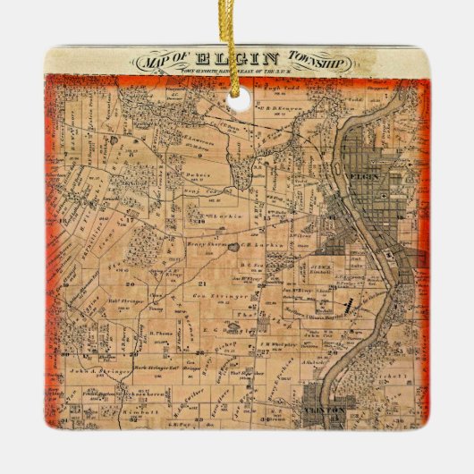 イリノイのエルギン1871の地図 セラミックオーナメント (正面)