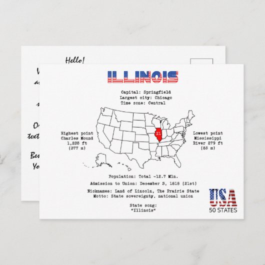 イリノイ州のアメリカ州の地図と有用な情報 シーズンポストカード (正面/裏面)