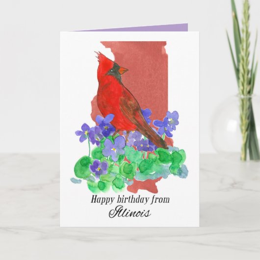 イリノイ州のカーディナル鳥とすみれからのお誕生日おめでとう カード (正面)