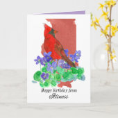 イリノイ州のカーディナル鳥とすみれからのお誕生日おめでとう カード (黄色い花)