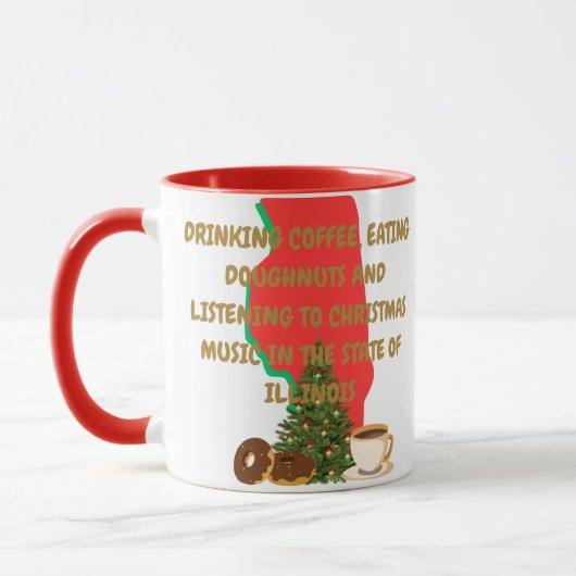 イリノイ州のコーヒーとドーナツとクリスマスミュージック マグカップ (左)