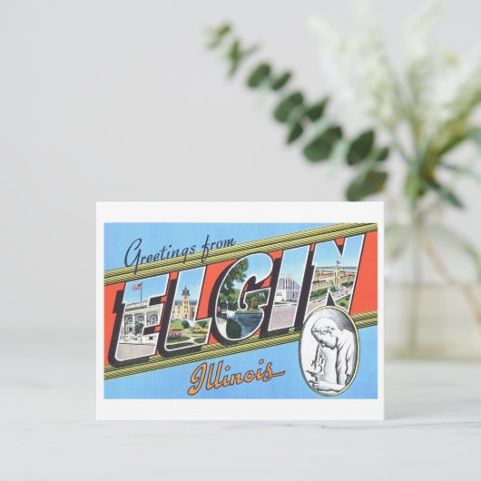 イリノイ州エルギンからのヴィンテージの挨拶 ポストカード (スタンド正面)