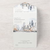 イリノイ州シカゴ市スケープ水結婚色の オールインワン招待状 (外側)