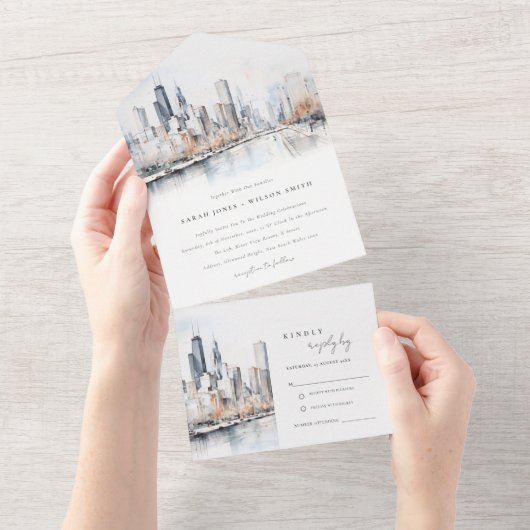 イリノイ州シカゴ市スケープ水結婚色の オールインワン招待状 (貼ってはがせる)