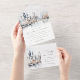 イリノイ州シカゴ市スケープ水結婚色の オールインワン招待状