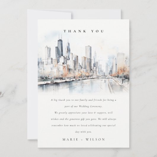 イリノイ州シカゴ市スケープ水結婚色の サンキューカード (正面)