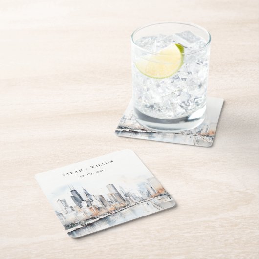 イリノイ州シカゴ市スケープ水結婚色の スクエアペーパーコースター (インサイチュ)