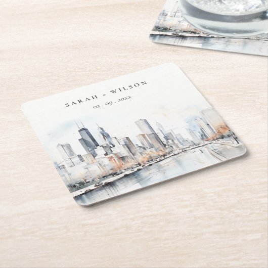 イリノイ州シカゴ市スケープ水結婚色の スクエアペーパーコースター (アングル)