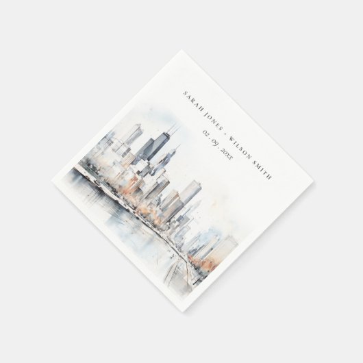 イリノイ州シカゴ市スケープ水結婚色の スタンダードカクテルナプキン (角)