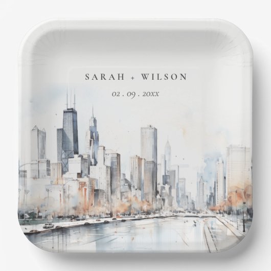 イリノイ州シカゴ市スケープ水結婚色の ペーパープレート (正面)