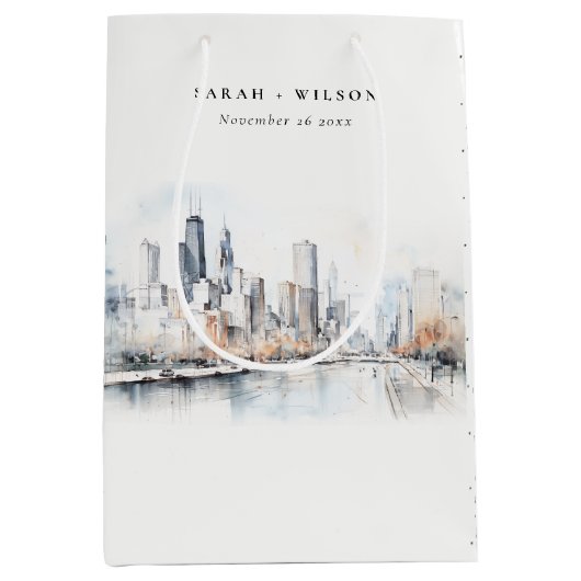 イリノイ州シカゴ市スケープ水結婚色の ミディアムペーパーバッグ (正面)