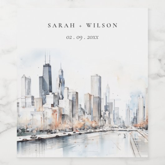 イリノイ州シカゴ市スケープ水結婚色の ワインラベル (シングルラベル)