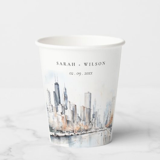 イリノイ州シカゴ市スケープ水結婚色の 紙コップ (裏面)