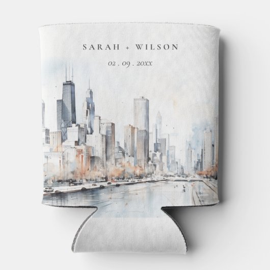 イリノイ州シカゴ市スケープ水結婚色の 缶クーラー (裏面)