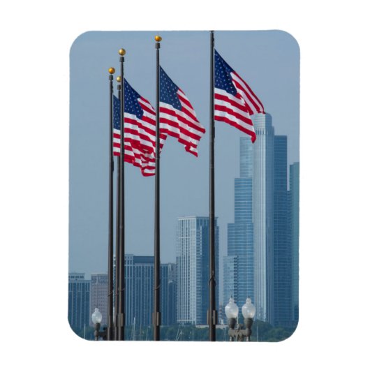 イリノイ州シカゴ。ネイビーピアに翻るアメリカ国旗 マグネット (縦)