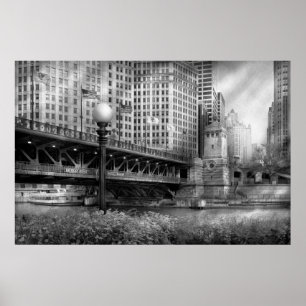 イリノイ州シカゴ - 1920年建設のDuSable Bridge - モノクロ ポスター