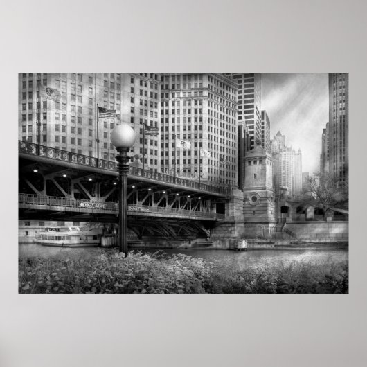 イリノイ州シカゴ - 1920年建設のDuSable Bridge - モノクロ ポスター (正面)