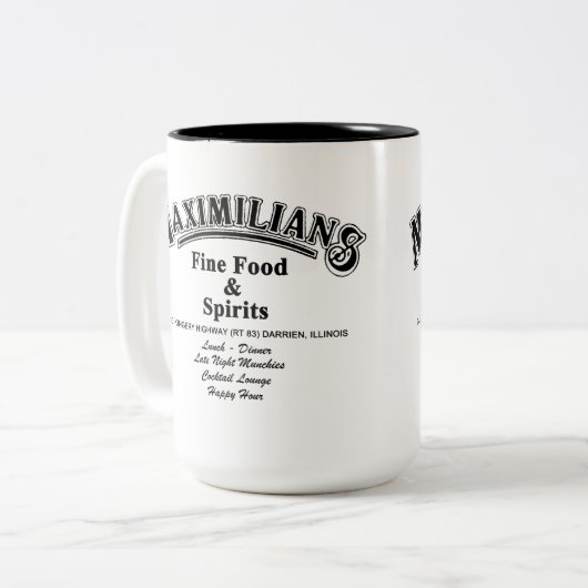 イリノイ州ダリ素晴らしーン、マクシミリアンの食べ物とスピリッツ ツートーンマグカップ (正面左)