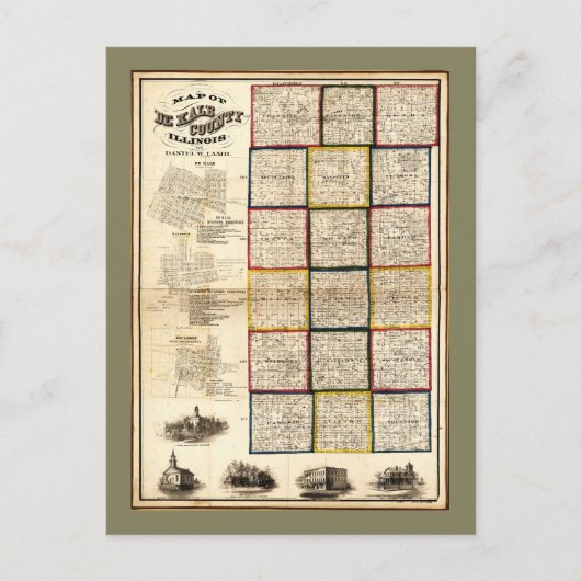 イリノイ州デカルブ郡の地図(1860年) ポストカード (正面)