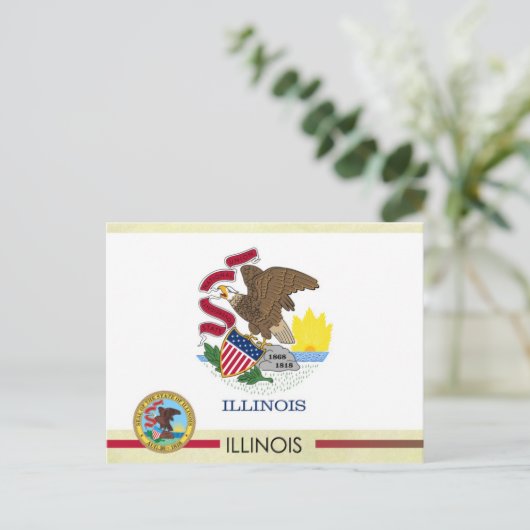 イリノイ州旗とシール ポストカード (スタンド正面)