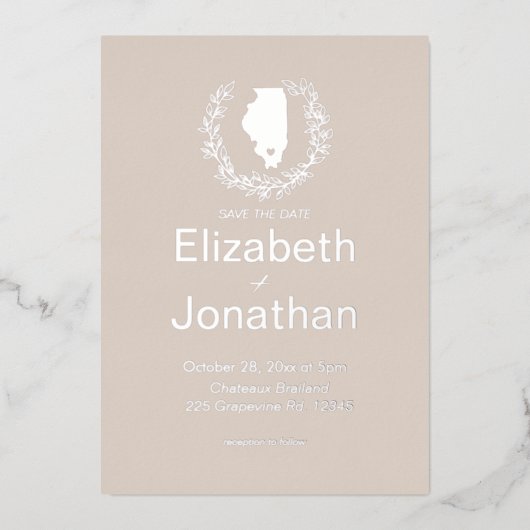 イリノイ州行き先結婚式 箔招待状 (正面)