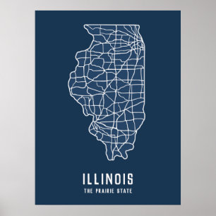 イリノイ米州道路地図 – 草原州地図 ポスター