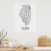 イリノイ米州道路地図 – 草原州地図 ポスター (キッチン)