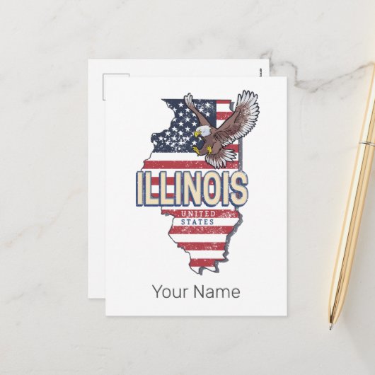 イリノイ統一された州イーグルレトロ地図ヴィンテージUSA シーズンポストカード (正面/裏面インサイチュ)