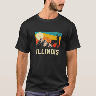 イリノイ自然野生の鹿レトロサンセットハイキング Tシャツ
