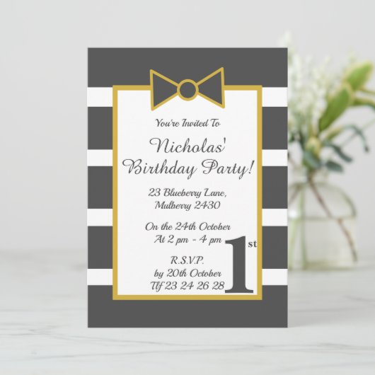 イリュシマグレー金ゴールドストリピースボーイスボーバースデーパーティー 招待状 (スタンド正面)