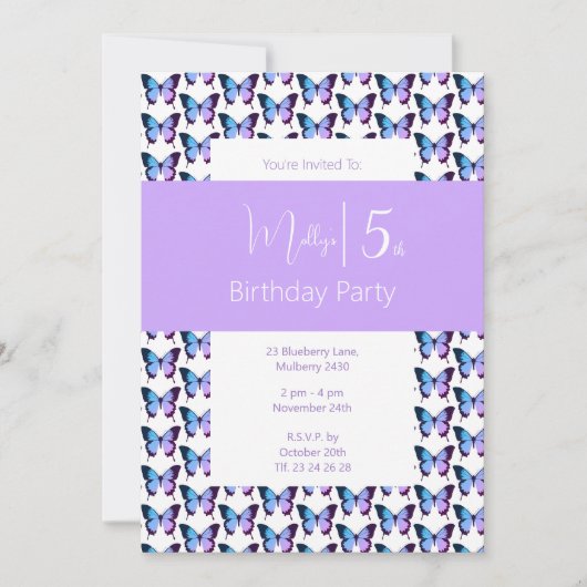 イリュシマバタフライパターンパープルファイブ誕生日 招待状 (正面)