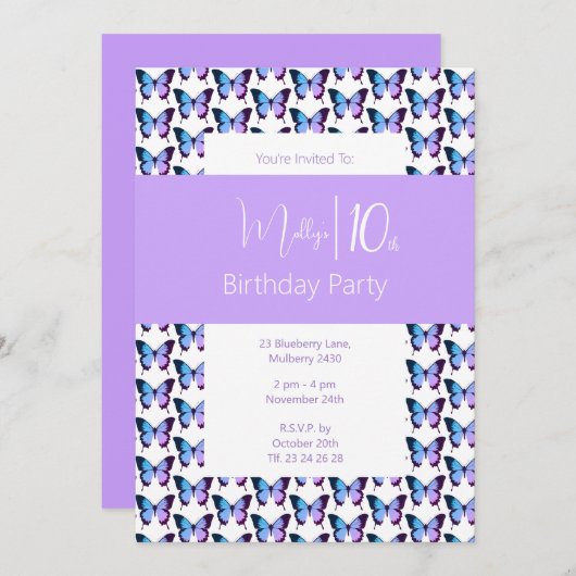 イリュシマバタフライパターンパープル10誕生日 招待状 (正面/裏面)
