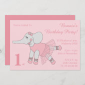 イリュシマバレリナエレファントガールズピンク誕生日 招待状 (正面/裏面)