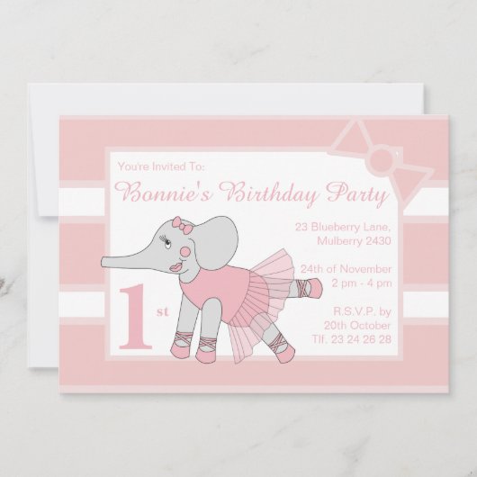 イリュシマバレリナエレファントベビーピンク誕生日 招待状 (正面)